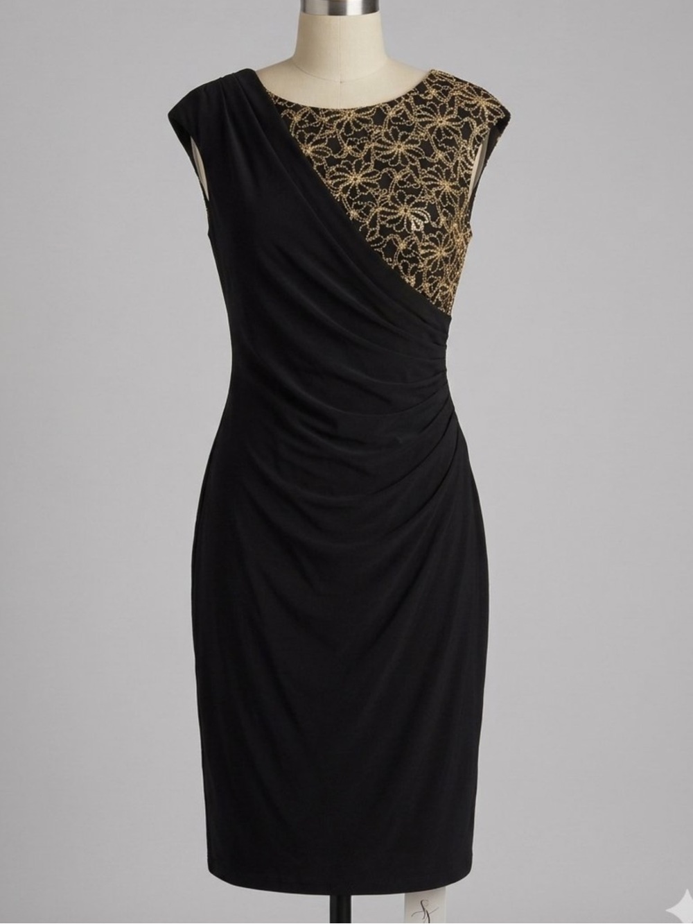 NWT Connected Apparel Black One-Shoulder Dress with Gold Lace Overlay